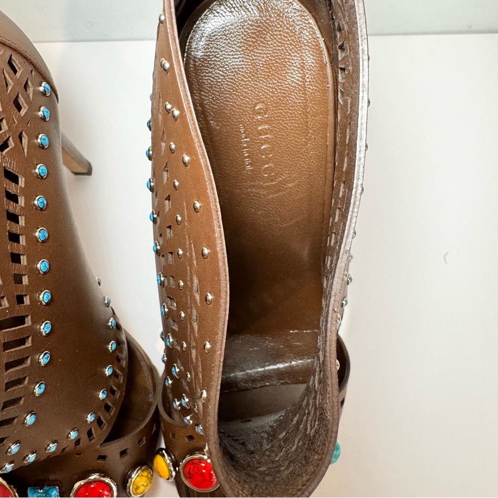 Gucci Lika Brown Leather Cutout Embellished Open Toe Bootie Sandal, Sz 38.5 - Picture 11 of 16